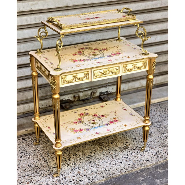 French Ornate French-Style White Serving Table – Gilded Details, Floral Inlay & Three-Tier Design For Sale - Image 3 of 3