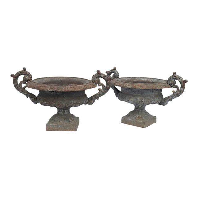 Pair of Chambord Cast Iron Urns With Weathered Patina, Circa 1850 For Sale