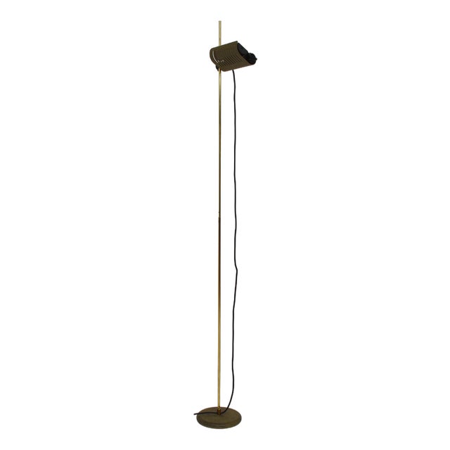 Alogena 626 Floor Lamp with Gilt Stem and Olive Lampshade by Joe Colombo for Oluce, Italy, 1970s For Sale