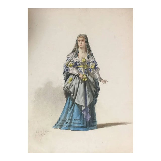 Woman in Theatrical Dress - Original Watercolor by Eugène Lacoste 1878 For Sale