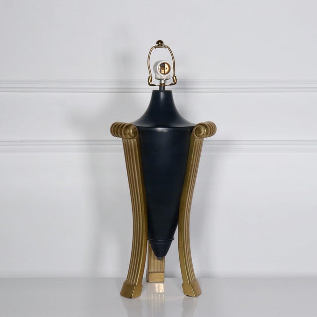 Art Deco 1990s Deco Michael Taylor Attributed Brass and Ebonized Urn Lamp with Metal Shade For Sale - Image 3 of 9