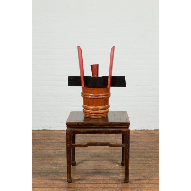 Japanese Vintage Grain Storage Jug with Red Lacquer and Calligraphy Decor For Sale - Image 10 of 13
