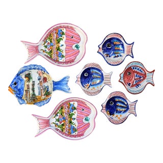 Vintage Collection of Mediterranean Pescado Majolica Dishes - Set of 7 For Sale