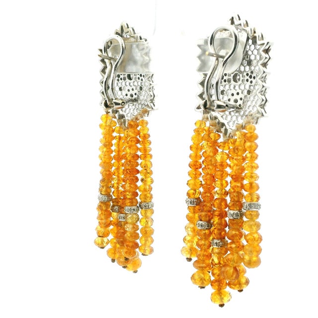 Italian 18k White Gold Yellow Sapphire & Diamond Tassel Earrings, 1980s For Sale - Image 4 of 9