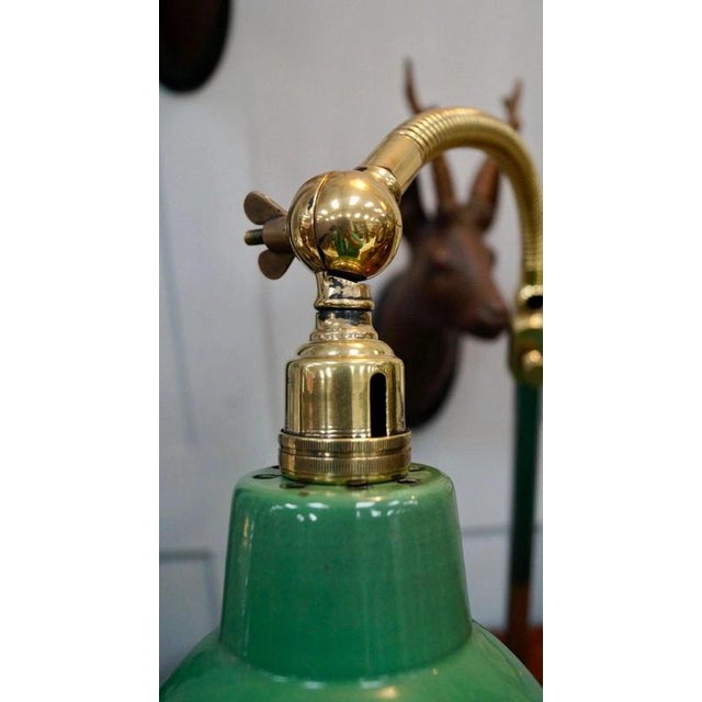 Antique Brass and Green Enamel Gooseneck Reading Lamp, 1920 For Sale - Image 4 of 7