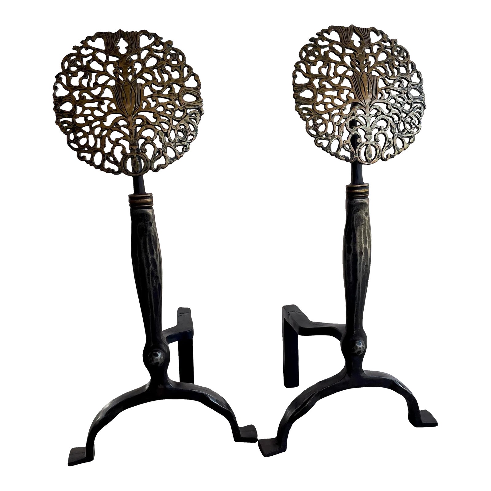 1960s Art Nouveau Era Botanical Medallion Andirons a Pair Chairish