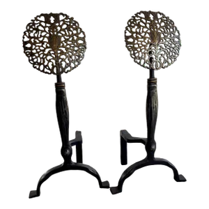 1960s Art Nouveau Era Botanical Medallion Andirons - a Pair