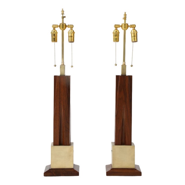 1960's Mid-Century Modern Brass And Walnut Table Lamps Attributed To Laurel - A Pair For Sale