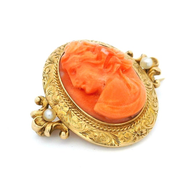 Late 19th Century Victorian Hand-Carved Mediterranean Coral Cameo Brooch in 14k Gold With Seed Pearls For Sale - Image 4 of 13