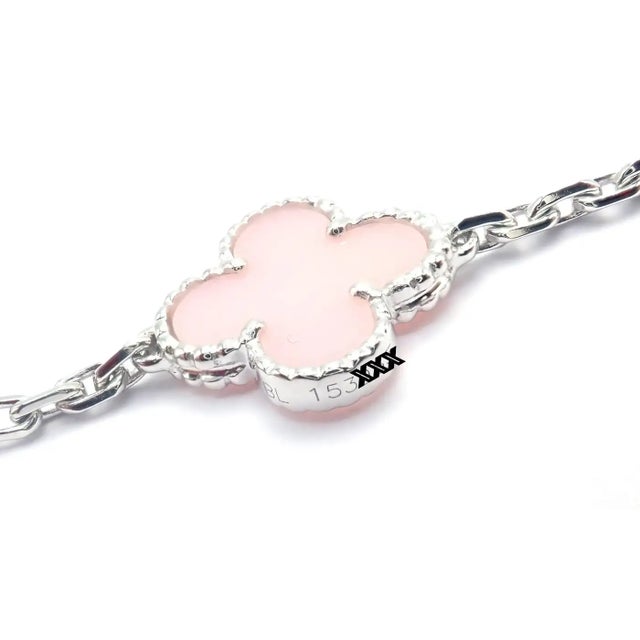 Pink Late 20th Century Van Cleef & Arpels Pink Opal Vintage Alhambra Five Motif White Gold Bracelet For Sale - Image 8 of 14