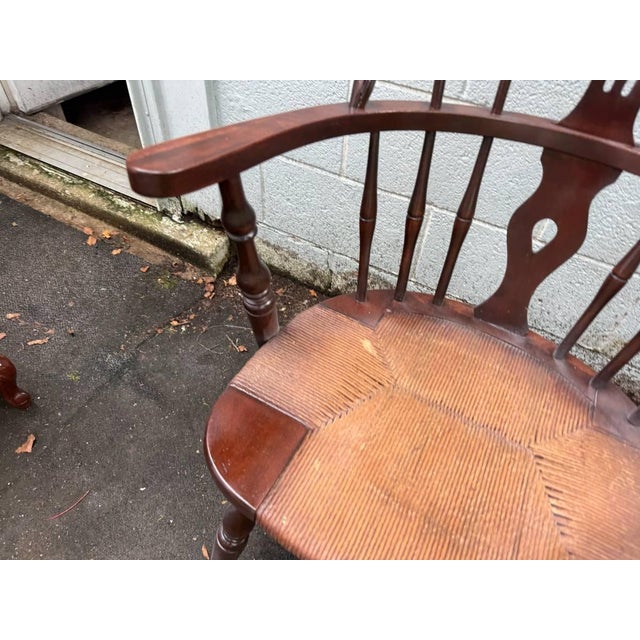 Farmhouse Vintage Windsor-Style Hoop-Back Rush Seat Armchair For Sale - Image 3 of 15