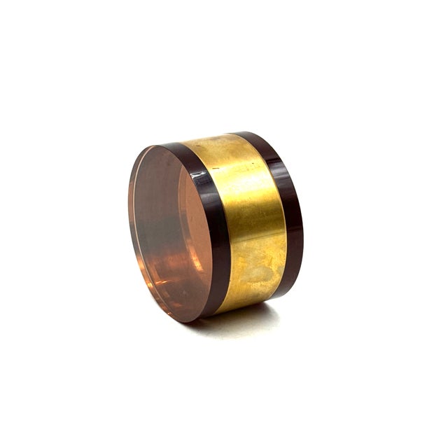 Modernist faux tortoiseshell lucite and brass cylindrical box Italy 1970s brass, faux tortoiseshell lucite H 6 × 10 cm...