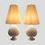 A vintage pair of table lamps white ceramic shaped as pine cones shape, white silk shades. 1950s italian signed ferlaso...