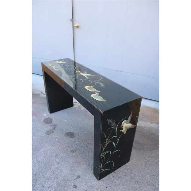 Chinese Lacquer Console Table with Duck and Plant Decorations, 1970 For Sale - Image 4 of 16