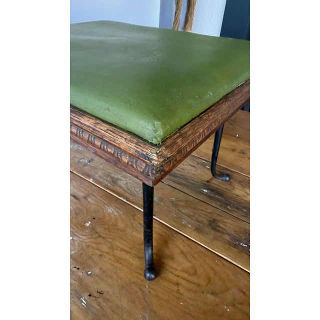 American 19th Century Antique Cobblers Stool-Carved-Egg and -Dart Trim, Green Leather and Iron Legs. For Sale - Image 3 of 12