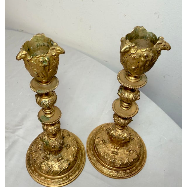 Pair Antique Ornate 1800's Gilt Bronze French Figural Candlestick Candle Holders For Sale - Image 9 of 13