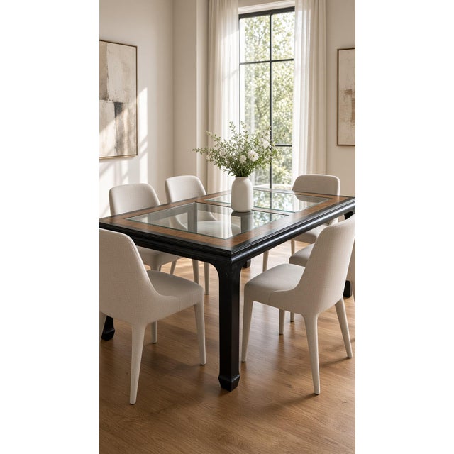 1970s Attributed to Chin Hua by Raymond Sobota for Century — Black Lacquer & Burl Glass-Top Extension Table, Model 540-333 For Sale - Image 4 of 11