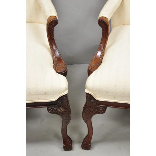 Thomasville Vintage Thomasville Georgian Style Carved Mahogany Lounge Arm Chairs - A Pair For Sale - Image 4 of 16