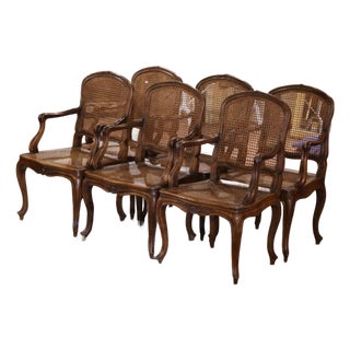 19th Century French Louis XV Carved Walnut and Cane Dining Armchairs, Set of 6 For Sale