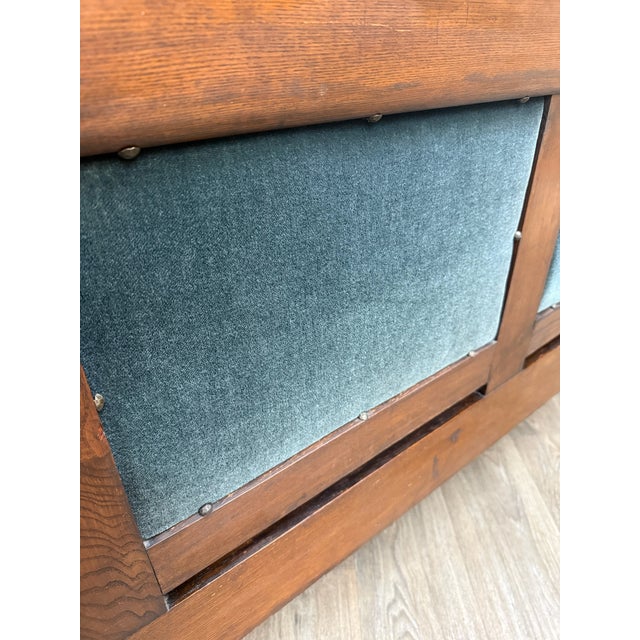 Antique Jacobean Revival Blue Velvet Upholstered Oak Hall Settee Daybed Bench For Sale - Image 16 of 18