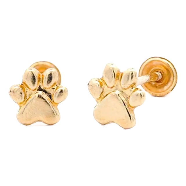 14k Solid Gold Dog Paw Stud Earrings on Screw Back - 2 Pieces For Sale