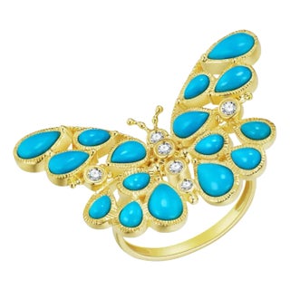Nina Zhou Butterfly Turquoise Diamond Cocktail Ring in 14k Yellow Gold, size 9 For Sale