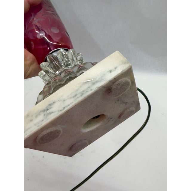 Chrome Vintage Cranberry Cut-to-Clear Glass Table Lamp on Marble Base For Sale - Image 8 of 10