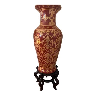 Large Hand-Decorative Red & Gold Floor Vase With Wood Stand For Sale