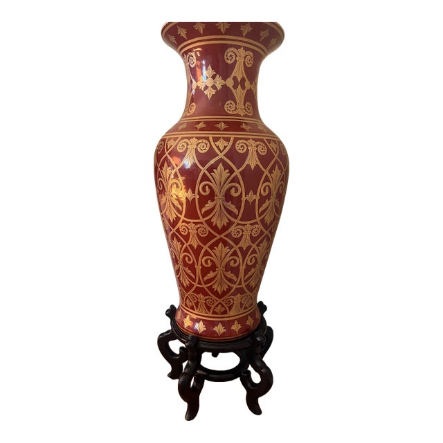 Large Hand-Decorative Red & Gold Floor Vase With Wood Stand For Sale