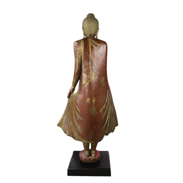 20th Century Thai Burmese Mandalay Style Standing Wooden Buddha Statue on Black Base For Sale - Image 4 of 11