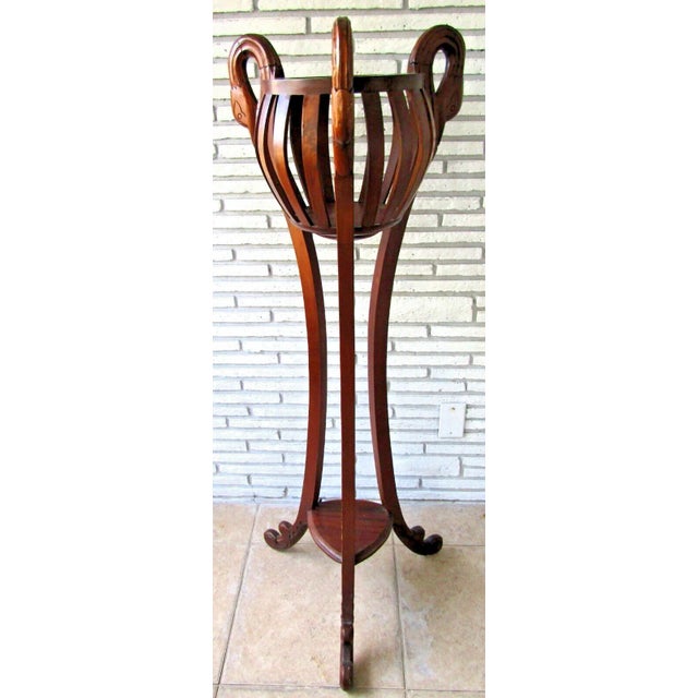 Wood 1920s Pair of Antique Empire Style Carved Mahogany Swan Heads Basket Jardinieres Plant Stands For Sale - Image 7 of 11