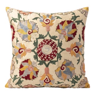 Contemporary Outpost Original Ivory Embroidered Suzani Pillow For Sale