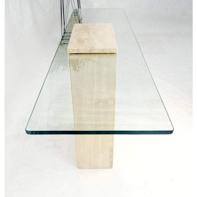 Transparent Rectangle Travertine Stone Base Glass Top Italian Console Sofa Table MINT! For Sale - Image 8 of 17