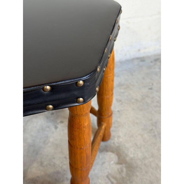 Animal Skin Black Leather Hexagonal Ottoman With Wooden Legs Danish Mid-Century Modern 1970s For Sale - Image 7 of 9