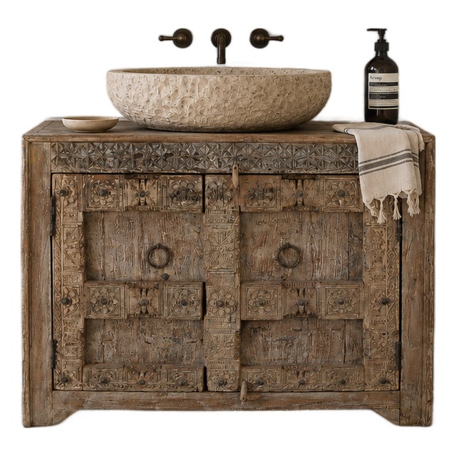 Cabinet/Buffet Constructed From Antique Indian Carved Door Panels and Reclaimed Wood For Sale