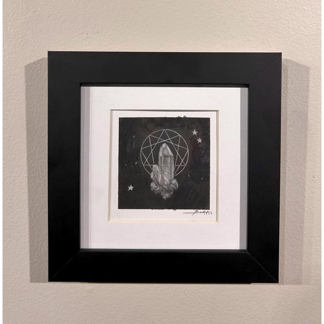 This artwork presents a striking depiction of a crystalline formation set against a deep black background, enhanced by a...