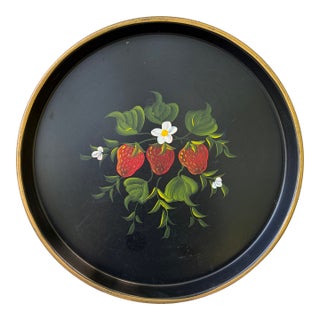 Vintage Strawberry Tole Round Tray For Sale