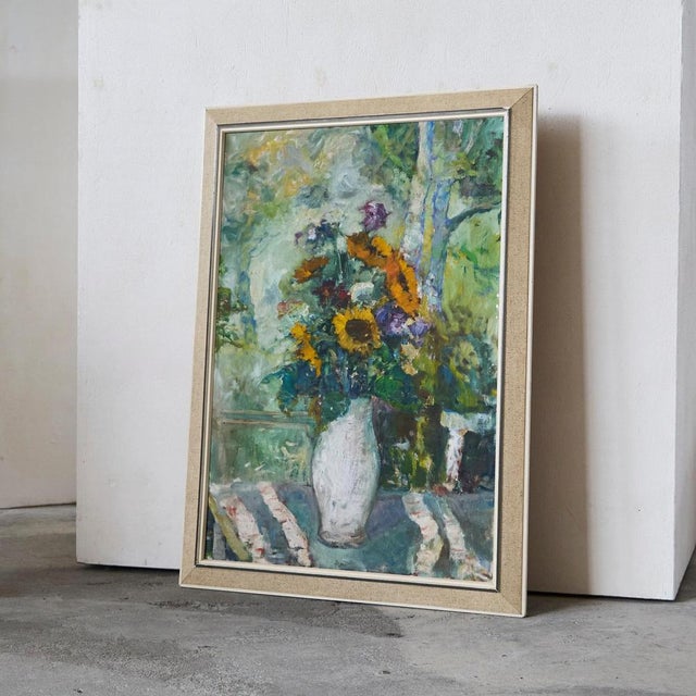 Sunflowers in White Vase Oil on Canvas, Europe, 1940s. Nice and expressive oil on canvas - sunflowers in a white vase on a...