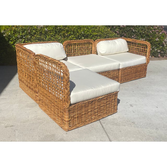 Contemporary Vintage Wicker Sectional Sofa With New Sunbrella Cushions For Sale - Image 3 of 10