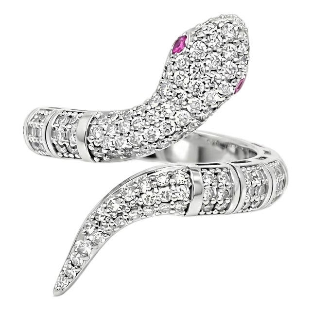 14k White Gold Diamond and Sapphire Flexible Snake Ring, Size 6 For Sale