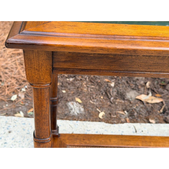 1970s Walnut Two Tier Glass Top Console Table With Faux Caning Shelf For Sale - Image 9 of 12