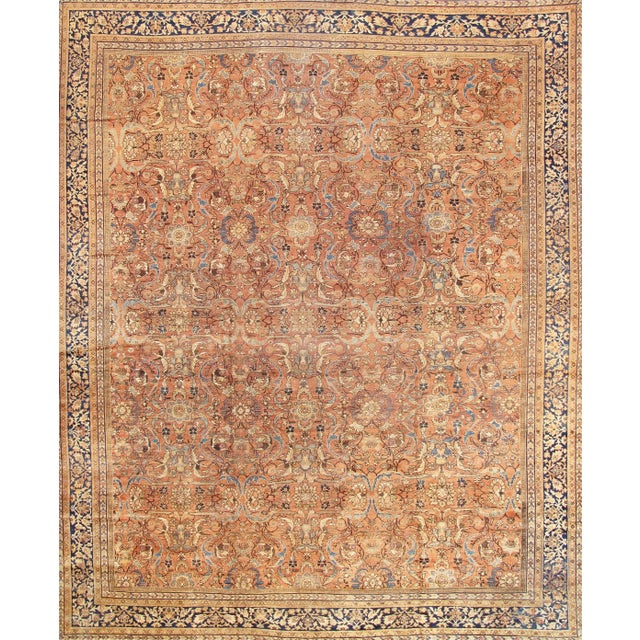 Antique Mahal Salmon/Navy Rectangular, 12'10" X 17' 0" For Sale
