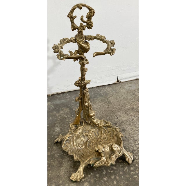 Metal Antique Art Nouveau Style Brass Fireplace Tools on French Hunting Motif Stand For Sale - Image 7 of 14