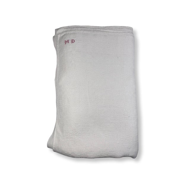 Ivory Hd Cross Stitch Monogram Antique French Cotton Summer Coverlet/Blanket Circa 1900 For Sale - Image 8 of 8