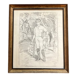 1970’s Original Young Male Equestrian Impressionist Charcoal Portrait Drawing Vintage Frame Signed For Sale