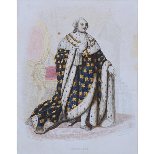 Antique aquatint etching featuring a full-length portrait of Louis XVI, King of France (reigned 1774–1792), depicted in...