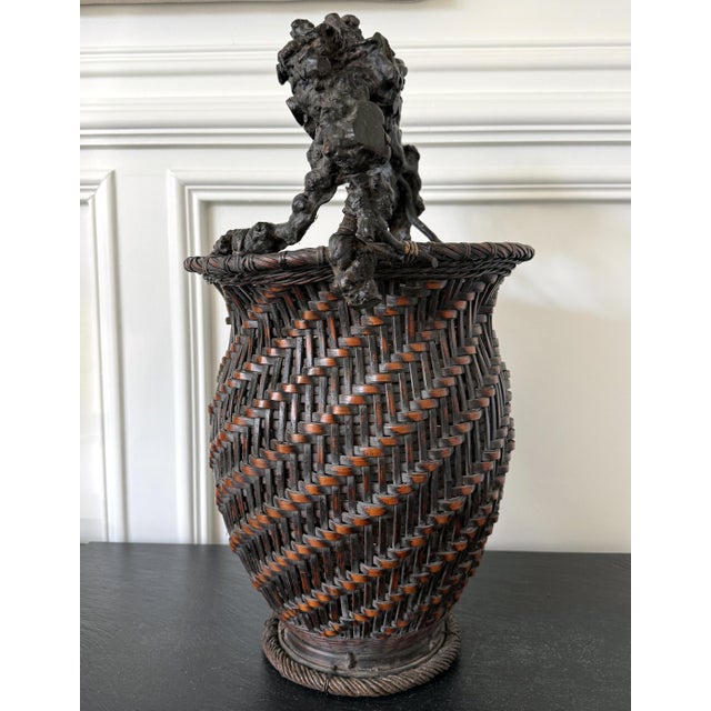 Wood Extraordinary Smoke Bamboo Basket with Wisteria Root Handle Meiji Period For Sale - Image 7 of 14