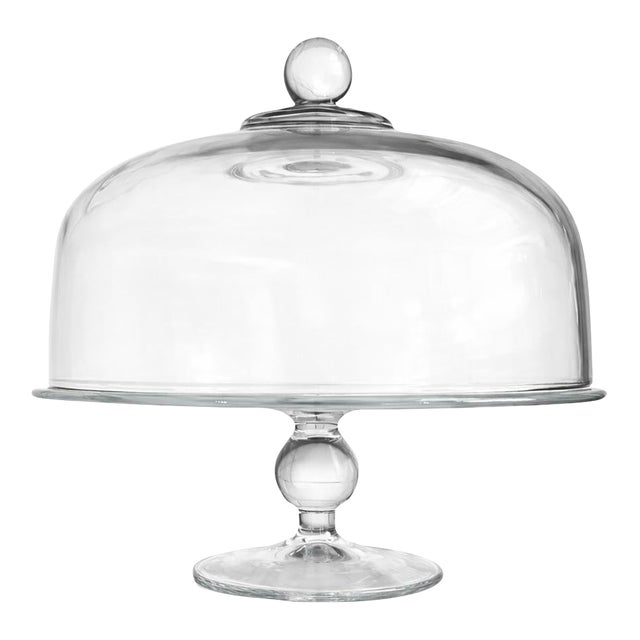Substantial 1970s Hand-Blown Glass Cloche Dome Cake Stand on Pedestal For Sale