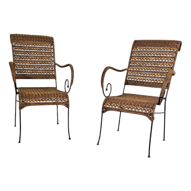 Wrought Iron and Rattan Armchairs, 1970s, Set of 2 For Sale