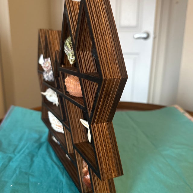Wood Mid-Century Modern Geometric Mountain Wooden Curio Shelf With Natural Seashell Collection For Sale - Image 7 of 11